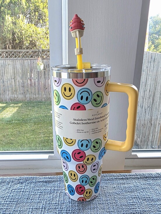 Ashland Other - Ashland White Tumbler with Yellow Handle and Multicolor Smiley Faces